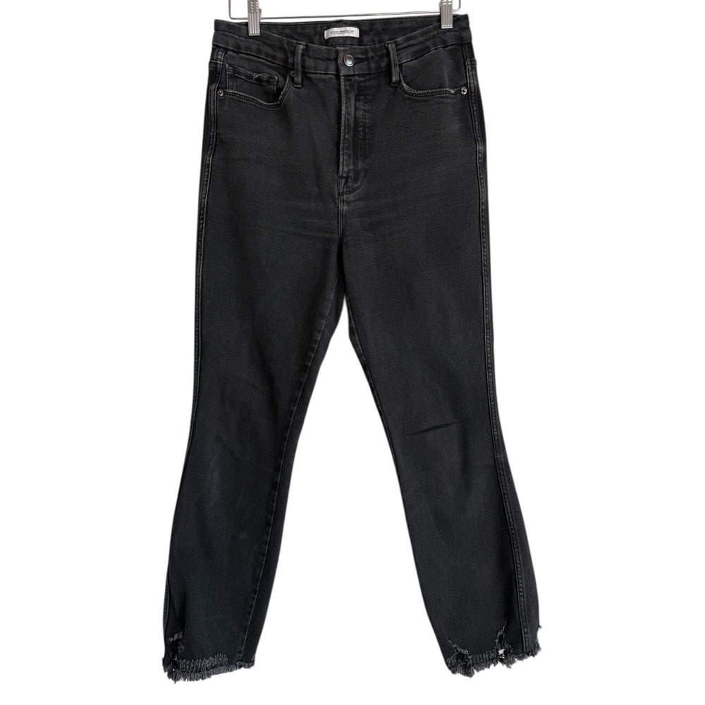 Good American Women's 10/30 Good Curve Straight Leg Jeans‎ Black GCS126T Raw Hem